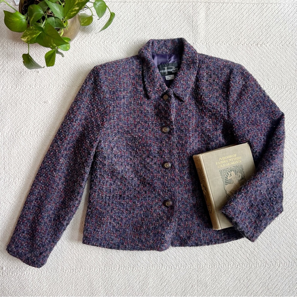 Vintage 90s Tweed Knit Purple Boxy Blazer Jacket
